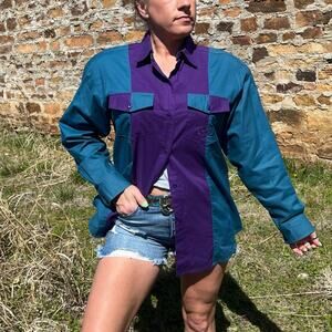 Vint. 90s Teal Purple Color Block Western Cowgirl Long Sleeve Button Down Shirt